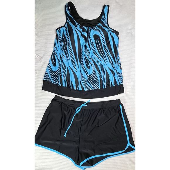 Modlily Patchwork Geometric Print Cyan Tankini Set Women’s size XL NWOT - Picture 2 of 12